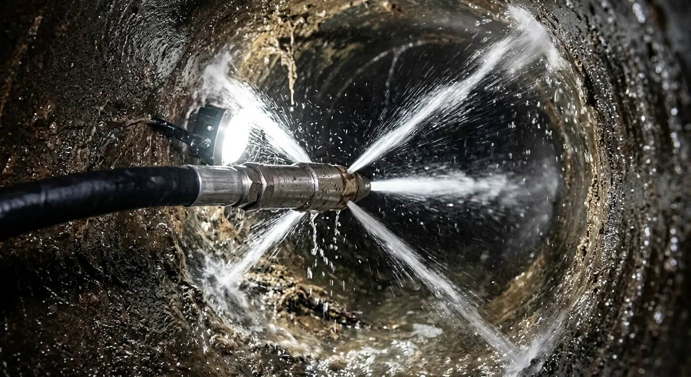 High-pressure hydro jetting nozzle cleaning sewer pipe for Trenchless Sewer Repair in Harwood Heights