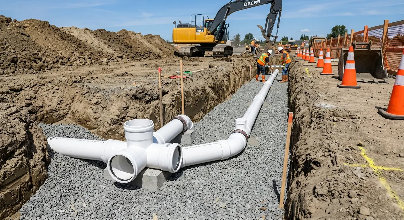 New PVC sewer pipe installation in open trench for Commercial Drain Cleaning in Harwood Heights